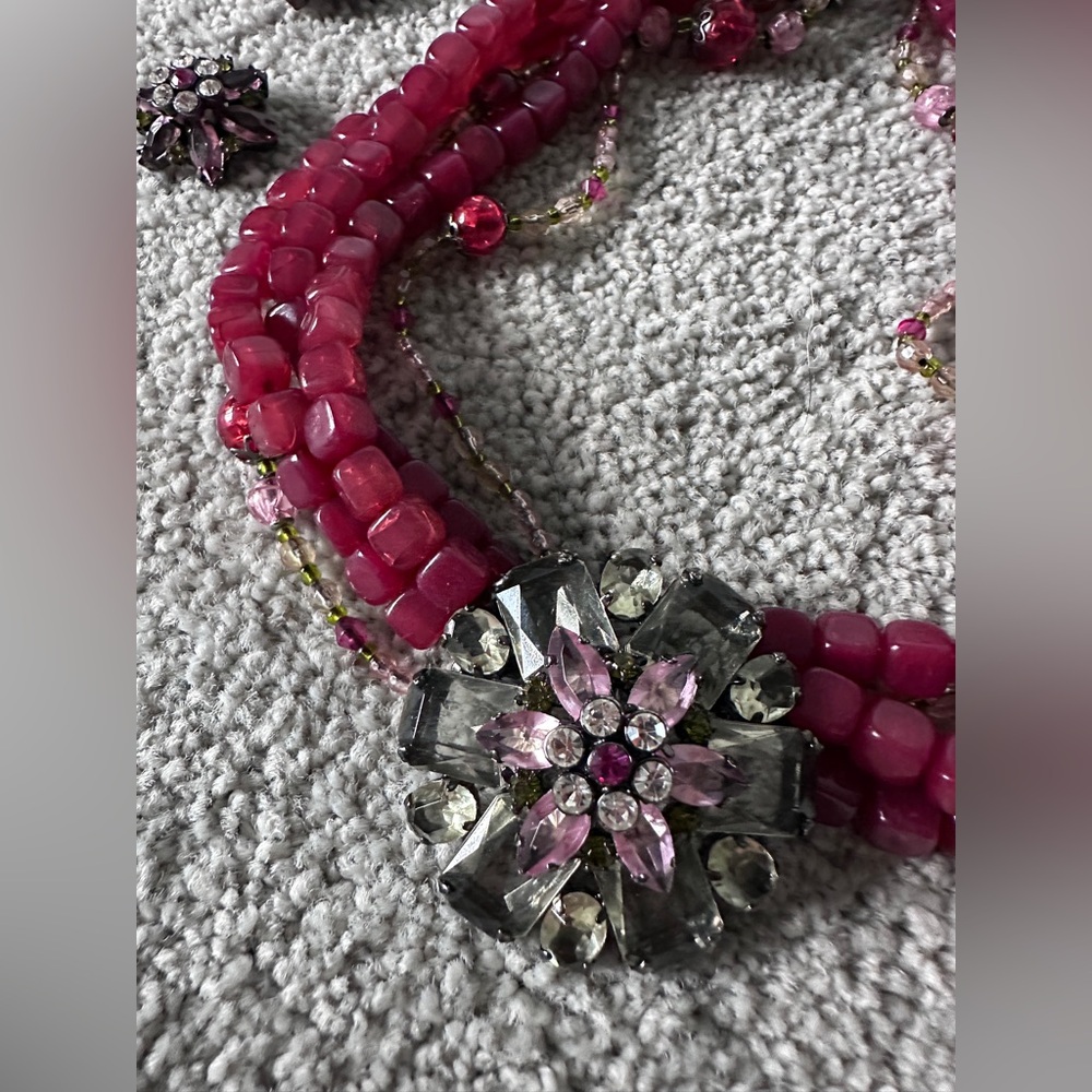 Vtg Givenchy multi strands Pink red Beaded floral Necklace Earrings set
